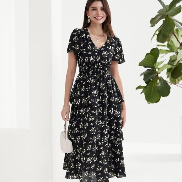 Women's 2025 Floral Summer Long Midi Dress V Neck Short Sleeve Ruffle Tiered Lay - Picture 3 of 5
